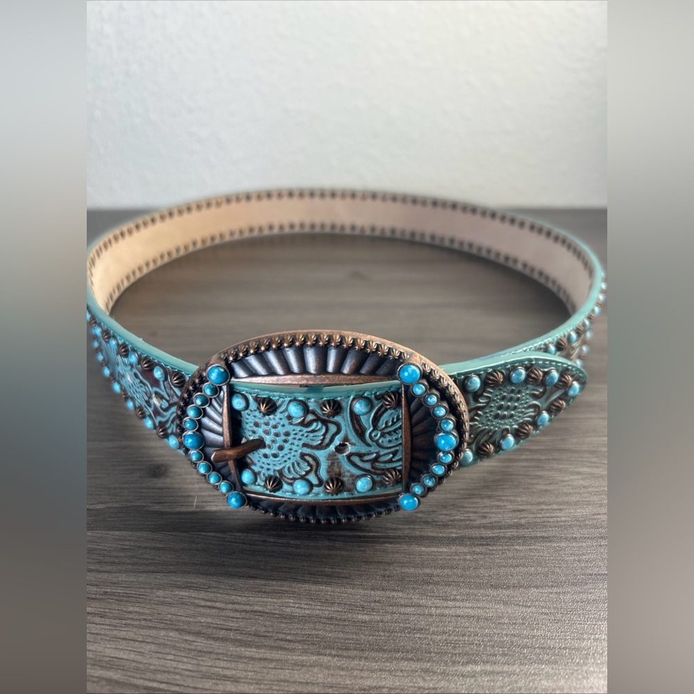Angel Ranch Turquoise Western Belt L Leather Studded Cowgirl 1.5” Boho Rodeo